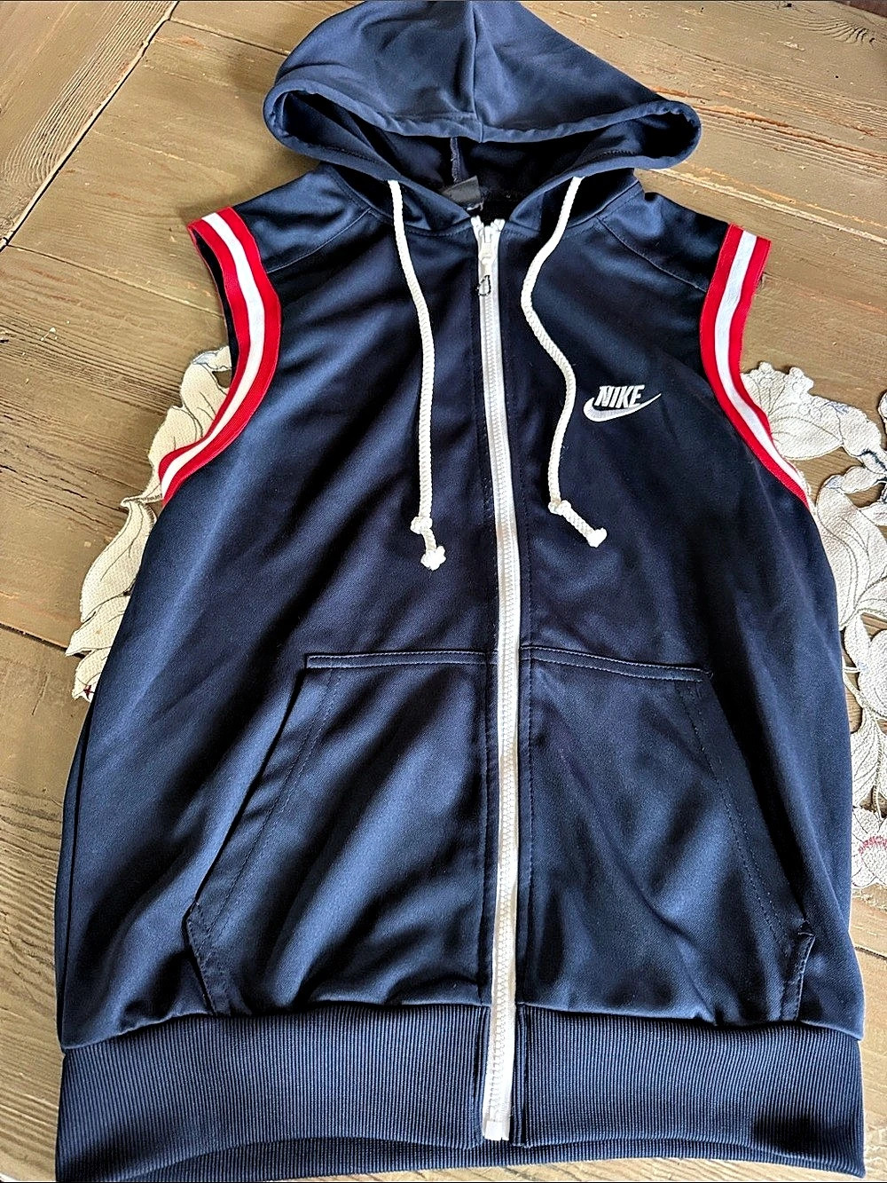 Vintage Y2K Nike Sleeveless Hooded Vest Blue with Red and White stripe SIZE M